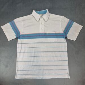 London Fog Sea Blue Striped Polo Mens Vintage Shirt Sleeve Front Pocket Shirt L